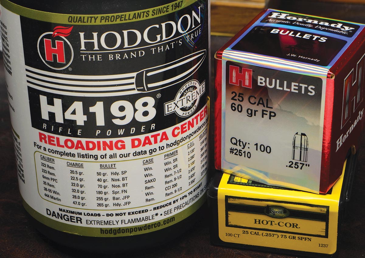Hodgdon’s newly configured H-4198, with its smaller grains (for easier metering) and  emperature resistance, is an excellent powder for jacketed bullets in the 25-20 WCF.